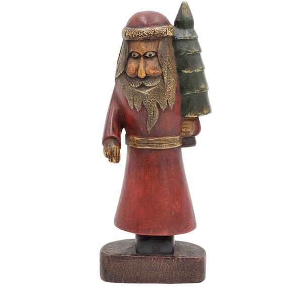 Resin Santa Figurine With Christmas Tree & Wreath - Rustic  Vintage Santa Claus Folk Art Figurine Christmas Tree Rustic Holiday Decor 12\